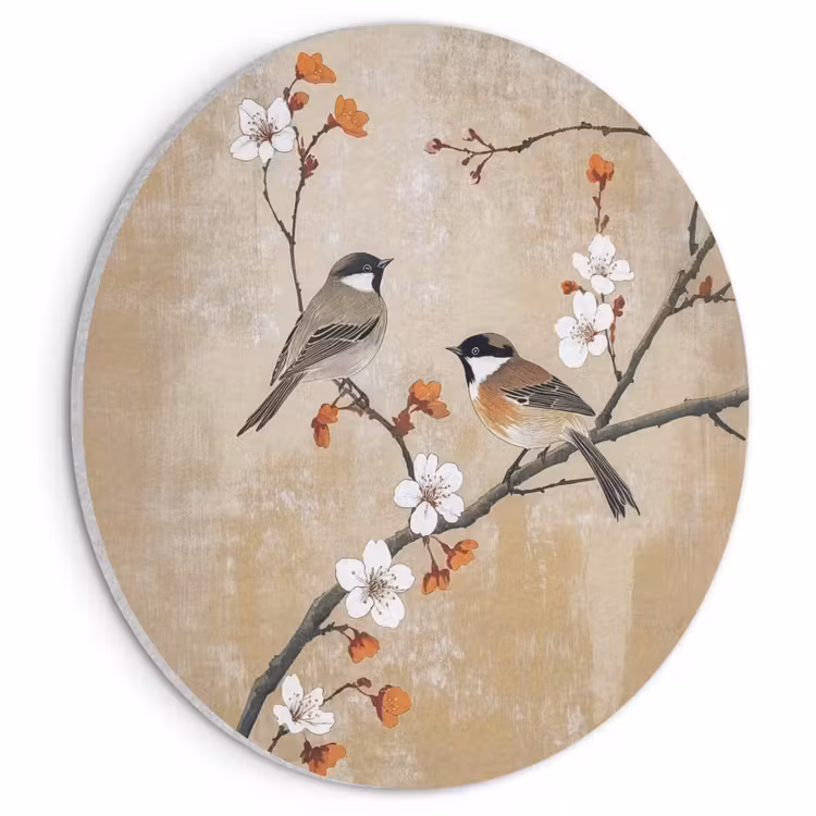 Acoustic painting round - Birds - Blossom branch - Flowers - Orange — 1