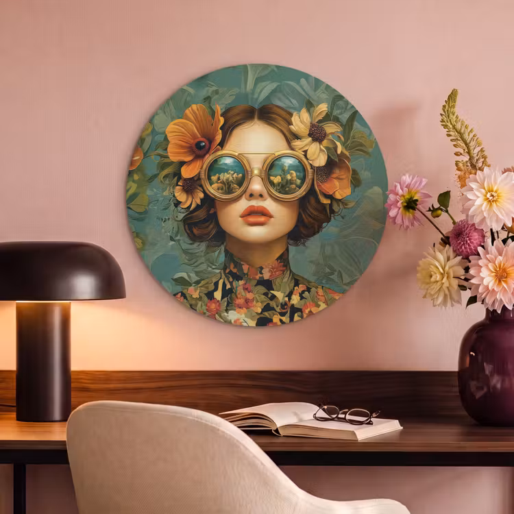 Acoustic painting round - Woman - Flowers - Butterflies - Nature - Vintage — 2
