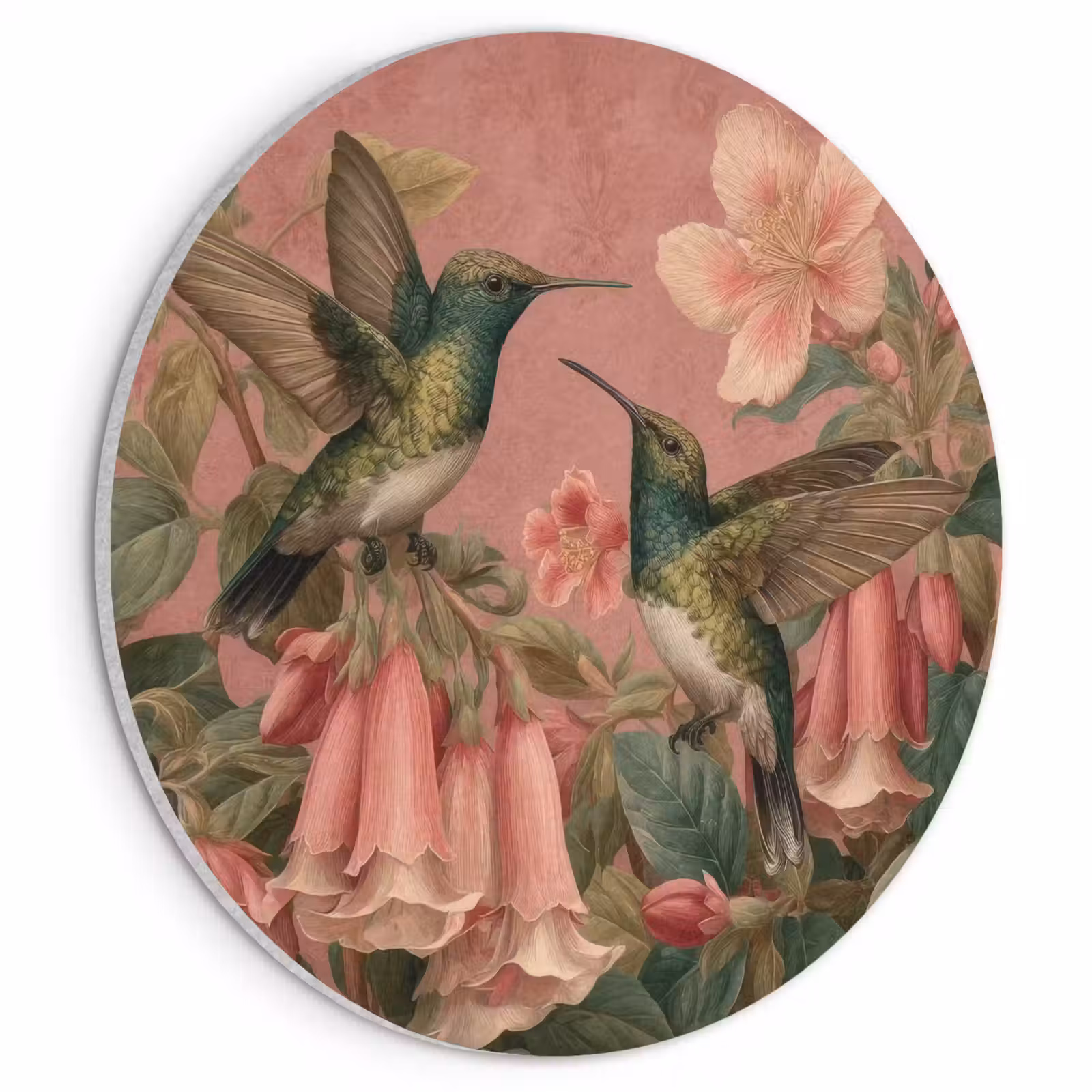Acoustic painting round - Hummingbirds - Flowers - Green - Pink — 1