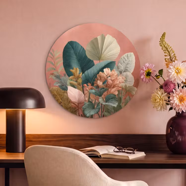 Acoustic painting round - Tropical leaves - Flowers - Pink - green — 2