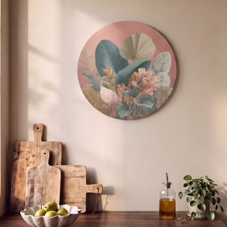 Acoustic painting round - Tropical leaves - Flowers - Pink - green — 4