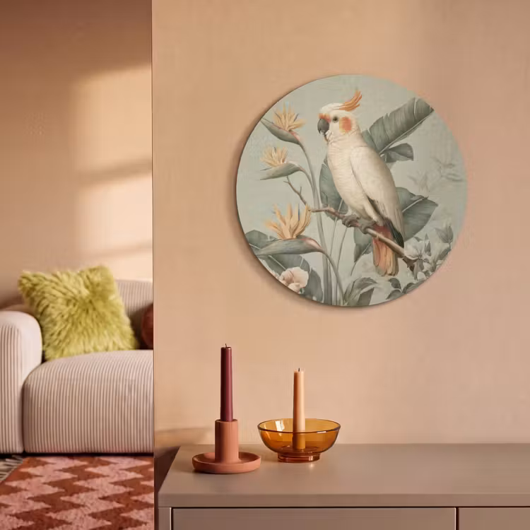 Acoustic painting round - Yellow crested cockatoo - bird of paradise flowers - Green — 3