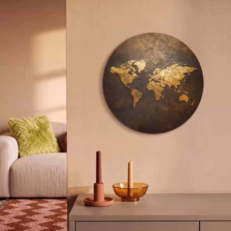 Acoustic painting round - World map - Gold - Rust — 3