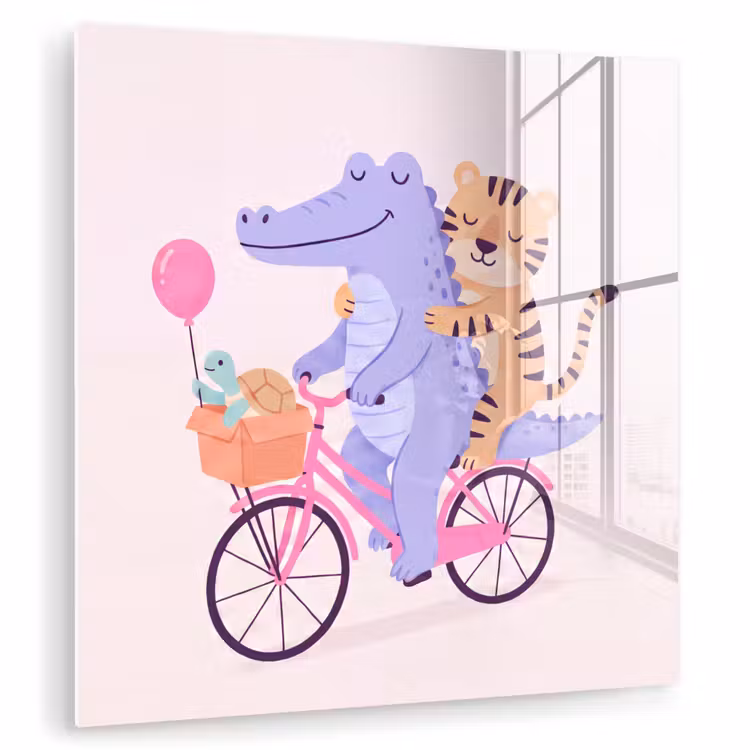 Glass Print - Animals - Bicycle - Friendship - Illustration - Pink — 1