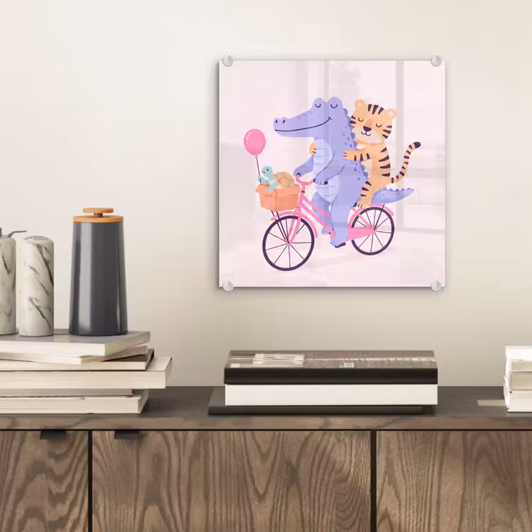 Glass Print - Animals - Bicycle - Friendship - Illustration - Pink — 2