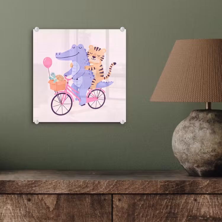 Glass Print - Animals - Bicycle - Friendship - Illustration - Pink — 4
