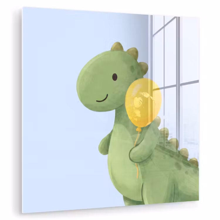 Glass Print - Dinosaur - Balloon - Children's Room - Illustration - Green — 1