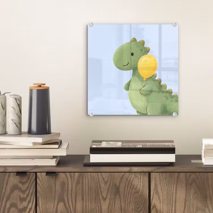 Glass Print - Dinosaur - Balloon - Children's Room - Illustration - Green — 2