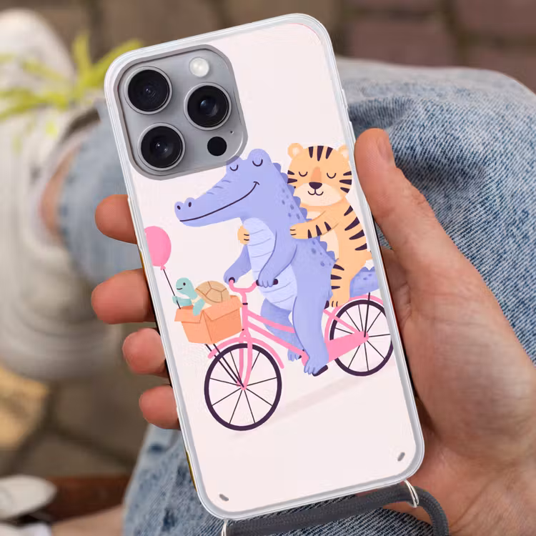 Phone case crossbody - Animals - Bicycle - Friendship - Illustration - Pink — 2