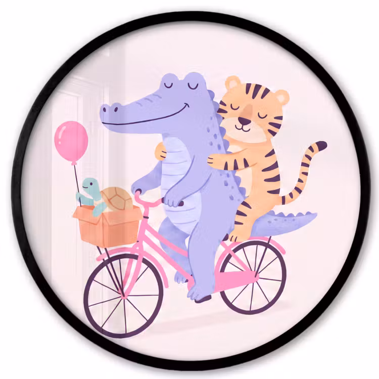 Photo Frame Round - Animals - Bicycle - Friendship - Illustration - Pink — 1