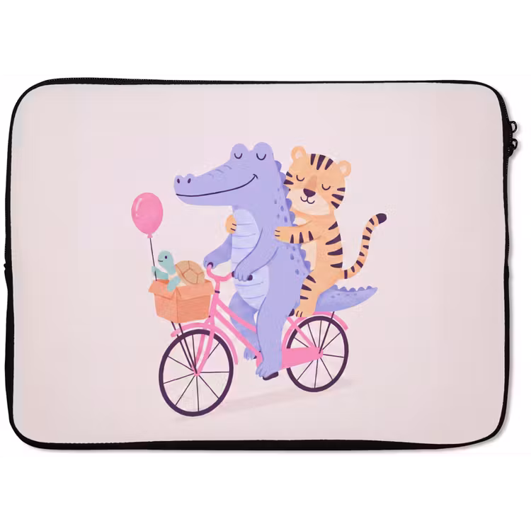 Laptop Sleeve - Animals - Bicycle - Friendship - Illustration - Pink — 1