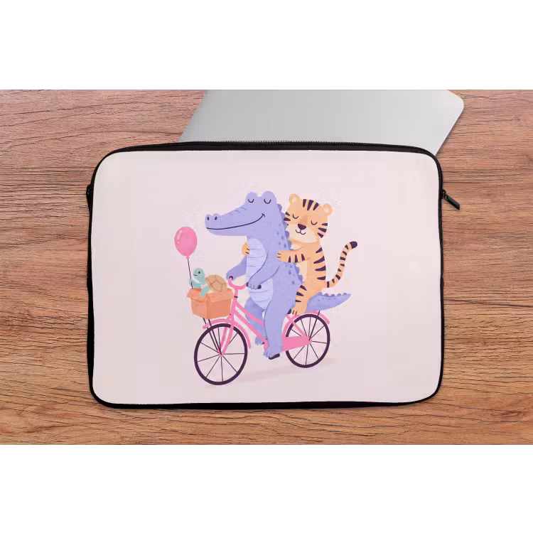 Laptop Sleeve - Animals - Bicycle - Friendship - Illustration - Pink — 2