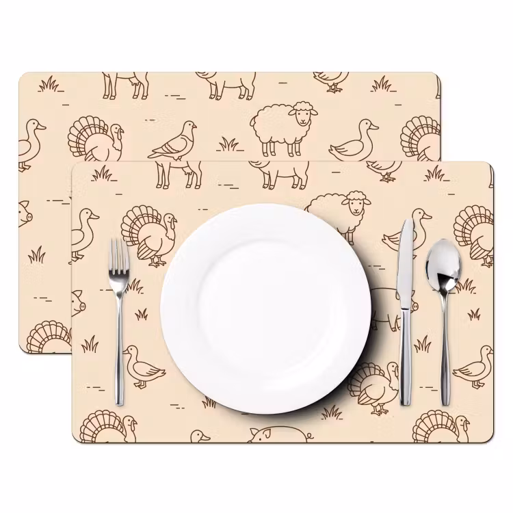Placemat - 6 pieces - Animals - Pattern - Farm - Minimalist - Beige — 2