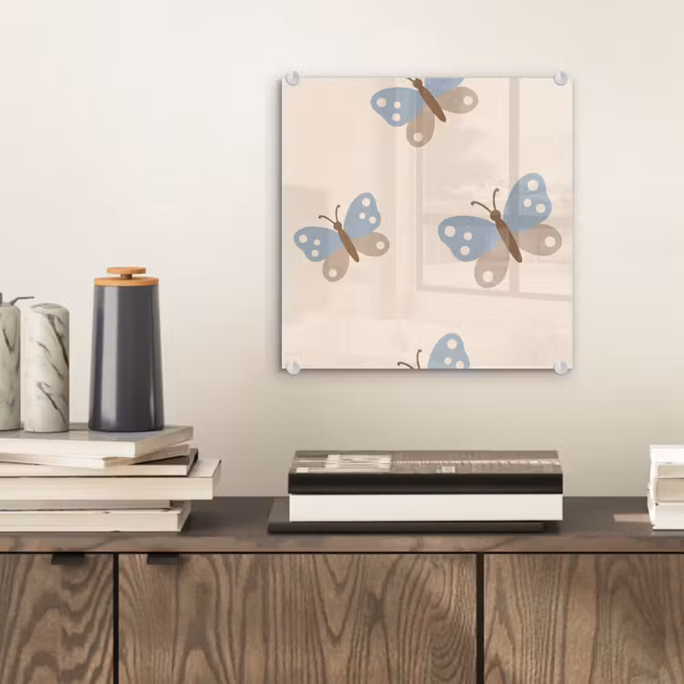 Glass Print - Insect - Butterfly Pattern - Abstract - Blue - Beige — 2