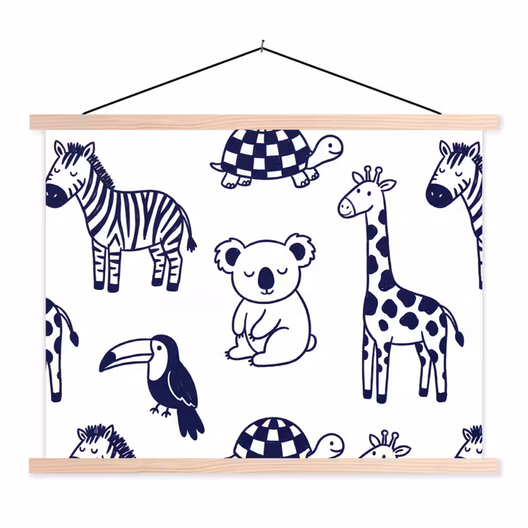 Hanging Poster - Animals - Pattern - Kids' Room - Graphic - White and Blue — 1
