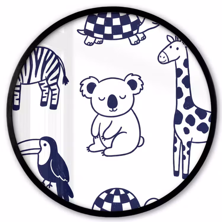Photo Frame Round - Animals - Pattern - Kids' Room - Graphic - White and Blue — 1