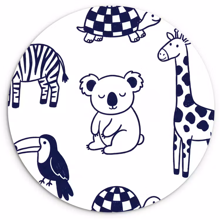 Wall circle - Glass - Animals - Pattern - Kids' Room - Graphic - White and Blue — 1