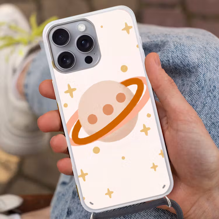 Phone case crossbody - Planet - Rings - Space - Illustration - Beige — 2