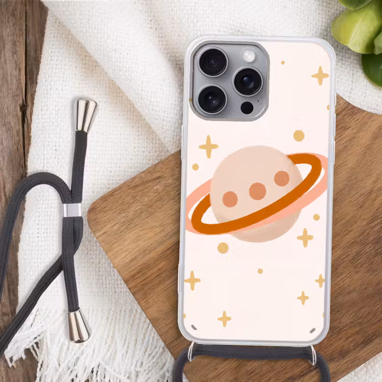 Phone case crossbody - Planet - Rings - Space - Illustration - Beige — 3