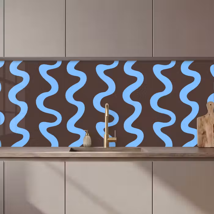 Kitchen Wall Splashback - Winding lines - Blue - Brown - Minimalist