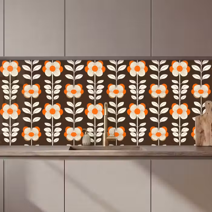 Kitchen Wall Splashback - Flowers - Retro - Brown