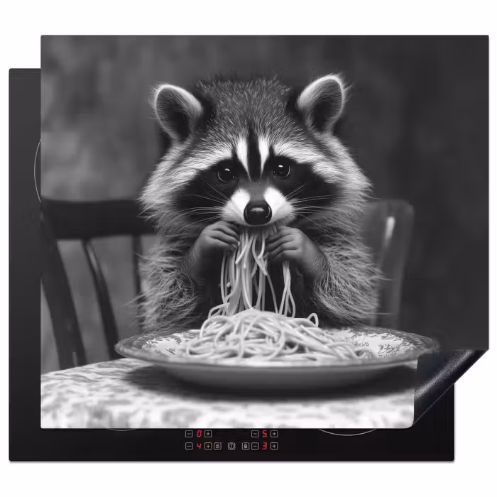 Induction Hob Cover - Raccoon - Cute - Pasta - Tablecloth - Black - White