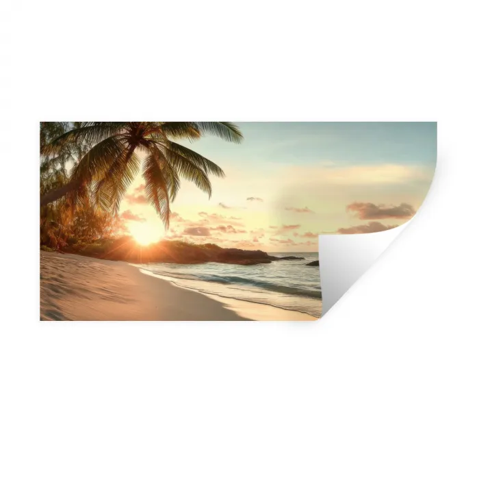 Strand - Palmbomen - Oceaan - Zonsondergang Muursticker klein -3d