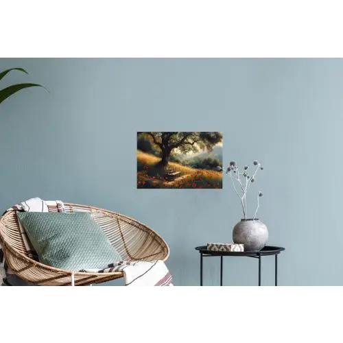 Bankje - Boom - Klaprozen - Heuvels Muursticker klein -plant