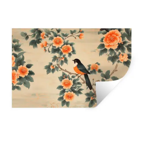 Vogel - Tak - Bloemen - Oranje Muursticker klein -3d