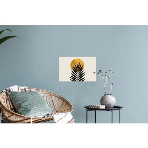 Zwart palmblad - Gouden cirkel - Beige achtergrond Muursticker klein -plant