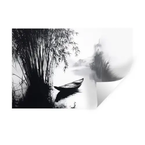 Boot - Rivier - Bamboe - Wit Muursticker klein -3d