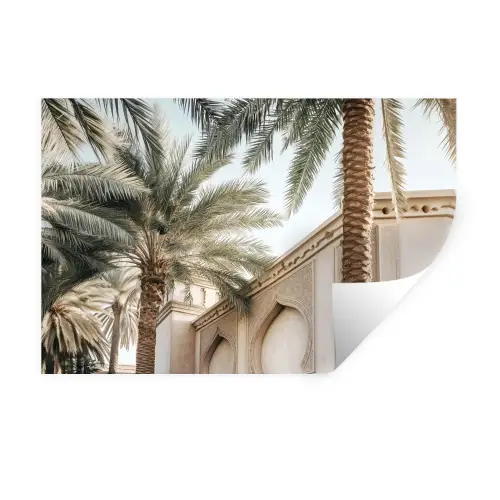 Gebouw - Palmbomen - Beige - Zon Muursticker klein -3d