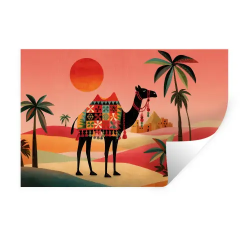 Kameel - Gekleurd tapijt - Duinen - Rode zon Muursticker klein -3d
