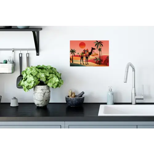 Kameel - Gekleurd tapijt - Duinen - Rode zon Muursticker klein -keuken