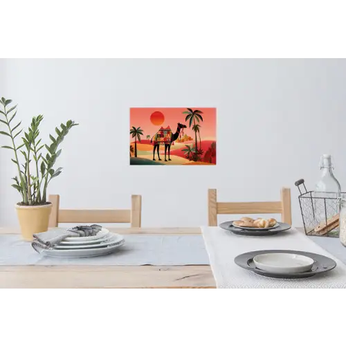 Kameel - Gekleurd tapijt - Duinen - Rode zon Muursticker klein -eettafel