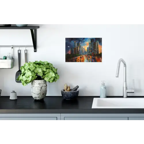 Auto - Skyline - Zon - Blauw Muursticker klein -keuken