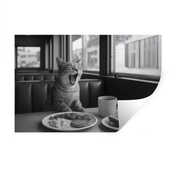 Kat - Koffie - Brood - Zwart Muursticker klein -3d