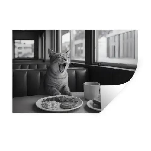 Kat - Koffie - Brood - Zwart Muursticker klein -3d