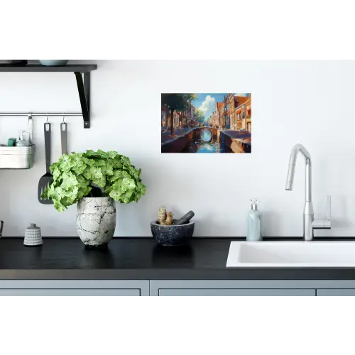 Stad - Gracht - Zon - Fietsen Muursticker klein -keuken