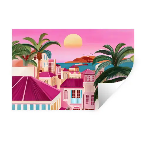 Stad - Roze - Palmbomen Muursticker klein -3d