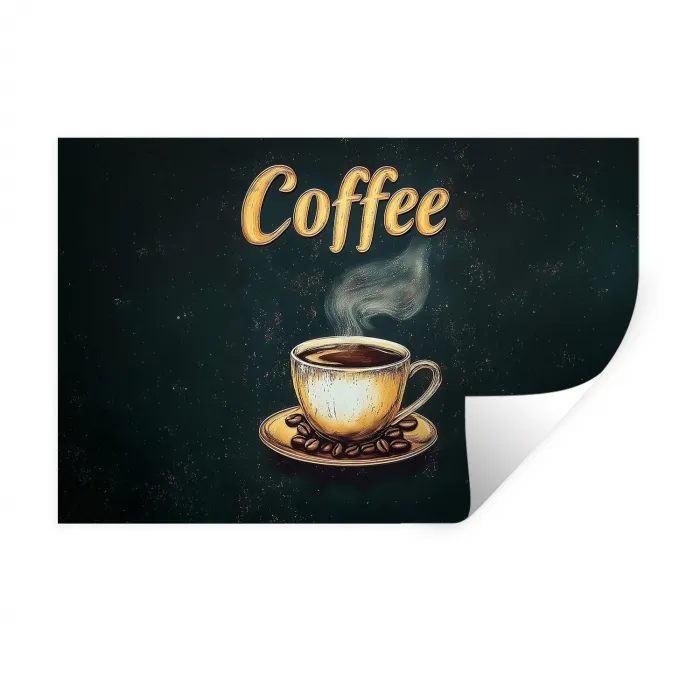 Koffie - Schotel - Koffiebonen - Retro Muursticker klein -3d