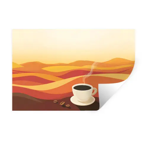 Koffie - Landschap - Oranje - Koffiebonen Muursticker klein -3d