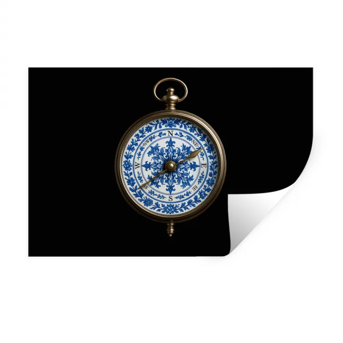Kompas - Delfts blauw - Zwart Muursticker klein -3d