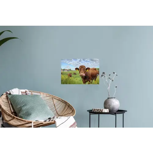 Koe - Weide - Bloemen Muursticker klein -plant