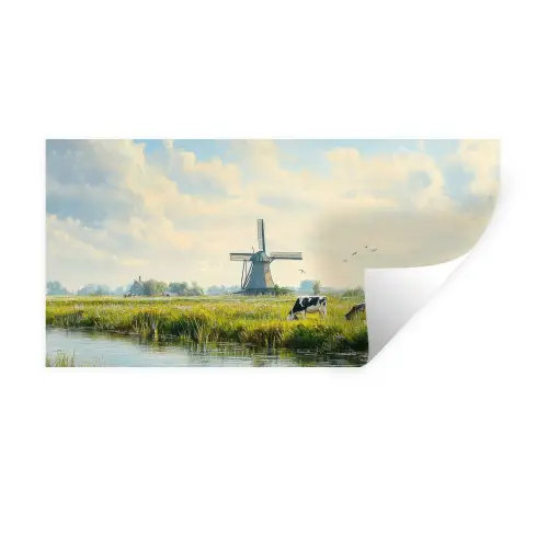 Koeien - Windmolen - Weide - Blauw Muursticker klein -3d