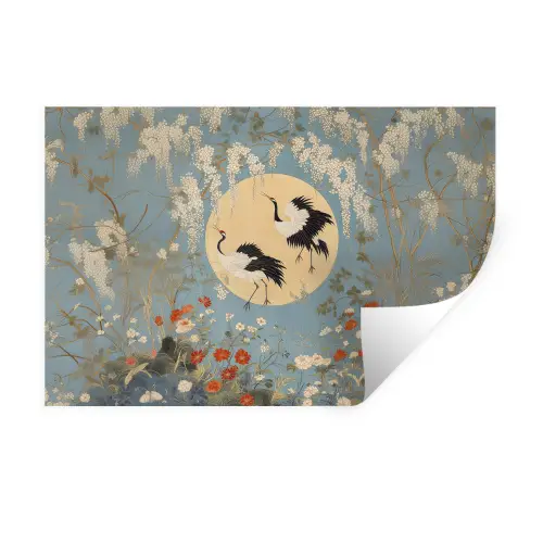 Kraanvogels - Maan - Bloemen - Blauw Muursticker klein -3d