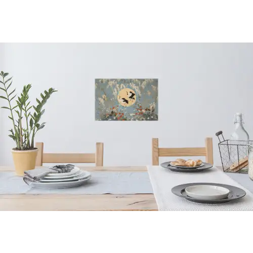 Kraanvogels - Maan - Bloemen - Blauw Muursticker klein -eettafel