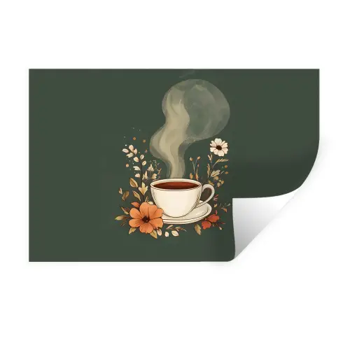 Kop - Bloemen - Groen - Koffie Muursticker klein -3d