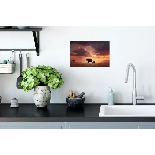 Olifanten - Grasland - Zonsondergang Muursticker klein -keuken