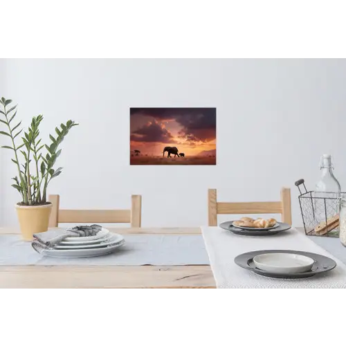 Olifanten - Grasland - Zonsondergang Muursticker klein -eettafel